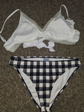 BECCA White Crochet Triangle Bikini Top with Navy Gingham Bottoms